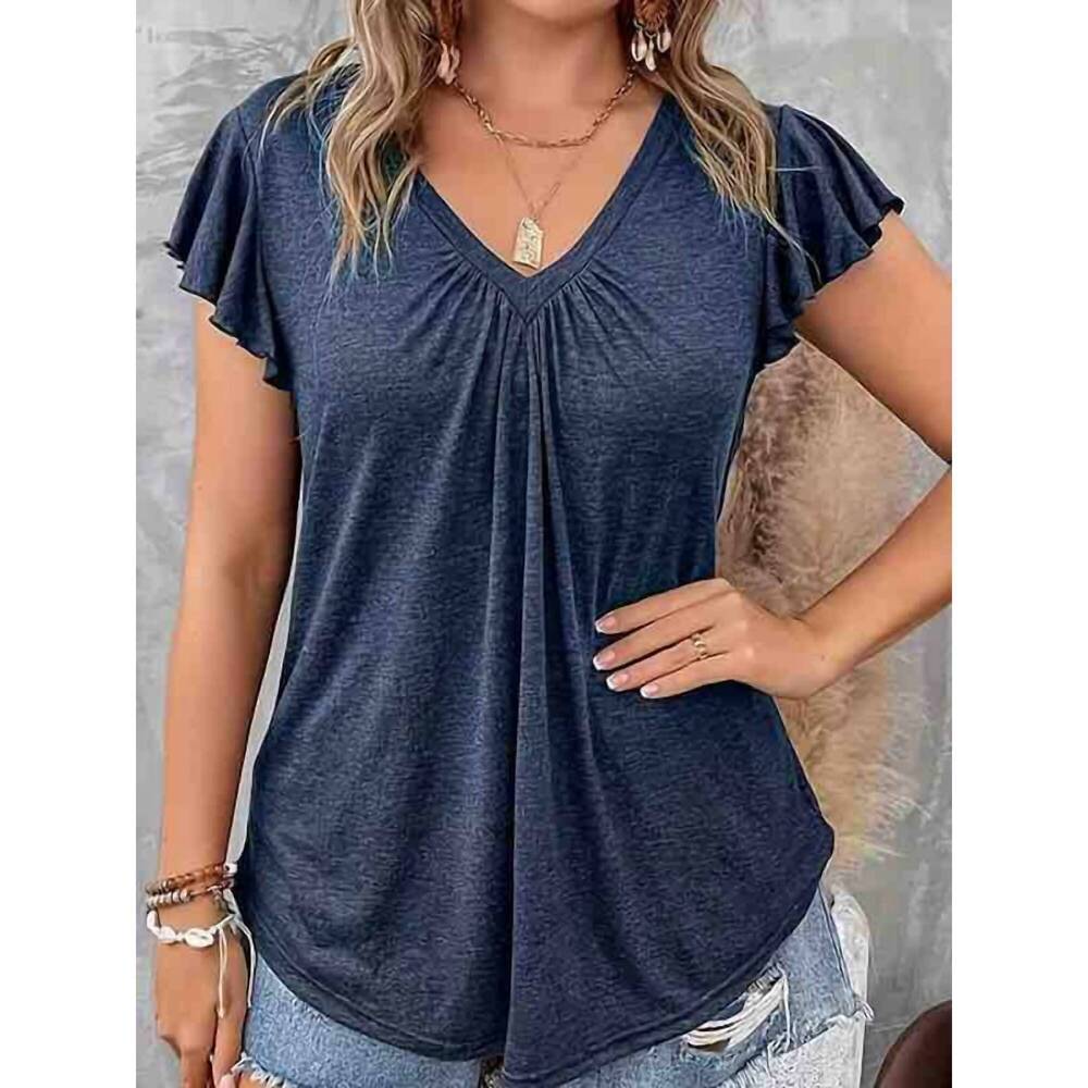 NEW SUPREME FASHION v neck ruffle sleeve top - plus in navy